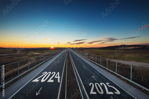 Driving on open road at beautiful sunny day to new year 2025 Aerial view