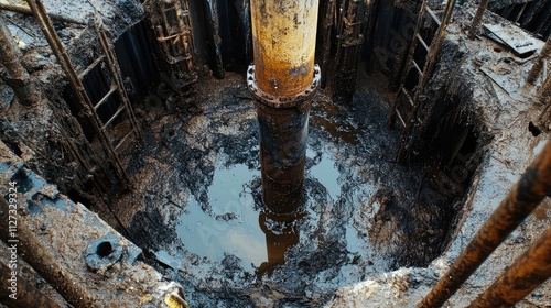 Oil well repair work with dirty equipment showcasing oil and grime accumulation in a deep drilling site. Industrial maintenance environment.