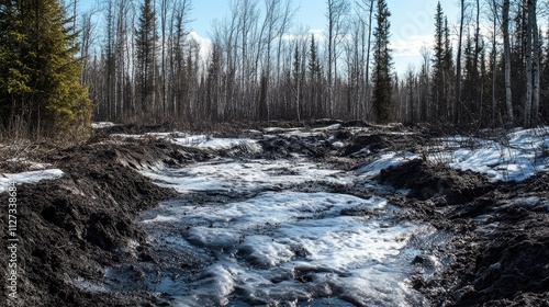 Melting black snow reveals muddy terrain as spring arrives in a forested landscape with barren trees and clear skies.