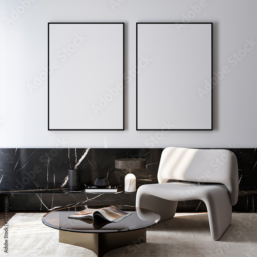 Frame mockup, ISO A paper size. Living room wall poster mockup. Interior mockup with house background. Modern interior design. 3D render