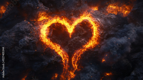 A fiery Aries symbol etched into molten rock, with smoke rising and embers glowing around it