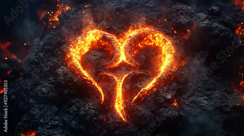 A fiery Aries symbol etched into molten rock, with smoke rising and embers glowing around it