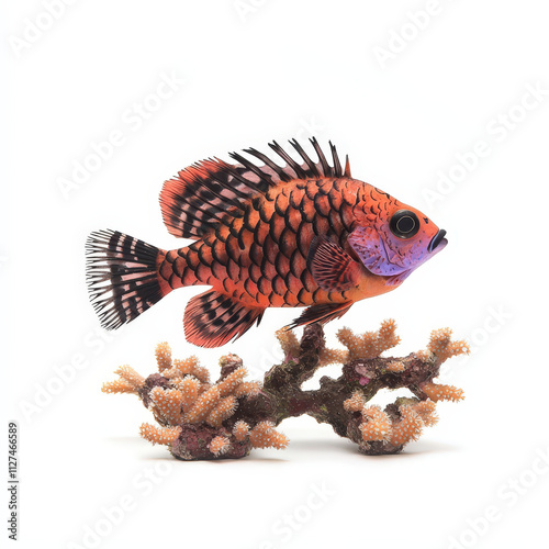 vibrant hawkfish perched on coral branch, showcasing its colorful scales and intricate patterns