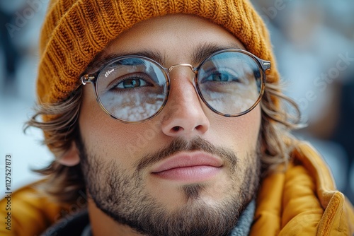 A close-up portrait of an individual with a hat and glasses, perfect for use in portraits or everyday life scenes