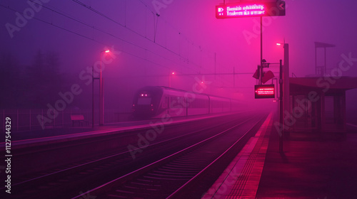 Train arrives at a misty station illuminated by soft purple lights