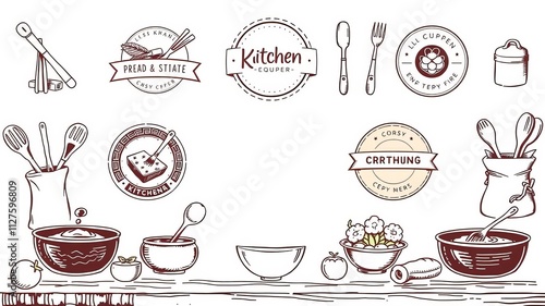 A set of hand-drawn doodle cooking food logos with kitchen utensils and ingredients for labels and badges, badges, vector