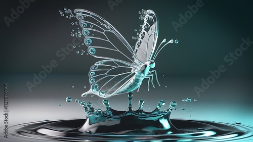 A captivating 3D render of an idiomatic water droplet art piece that masterfully conveys the enchanting flight of a butterfly