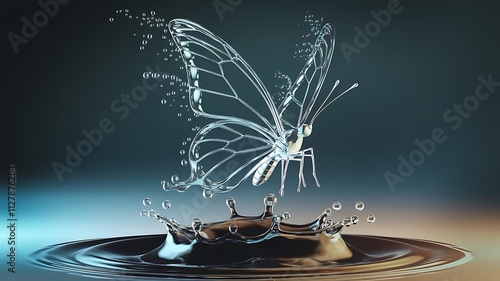 A captivating 3D render of an idiomatic water droplet art piece that masterfully conveys the enchanting flight of a butterfly