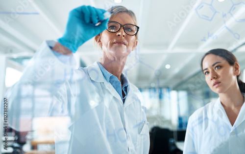 Women, scientist and formula on glass wall at laboratory for teamwork, collaboration and ideas on medical research. People, science and investigation or study with notes for clinical or drug trial