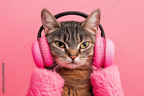 Grumpy cat wearing pink headphones and fluffy pink arm warmers against a pink background.