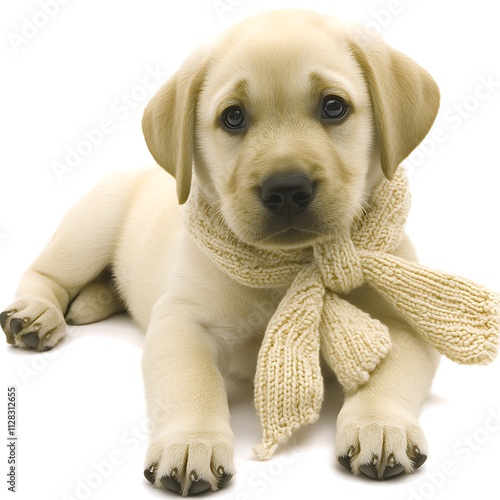 A clean white-style image of A playful puppy wearing reindeer antlers and a scarf. 