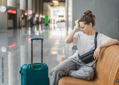 Young tired unhappy woman traveler waiting for flight or train departure with suitcase and at airport or train station, flight delay cancellation concept