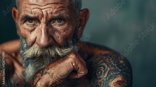 Portrait of a brutal elderly man with tattoos all over his body on a dark studio background with copy space. The concept of outrage in old age.