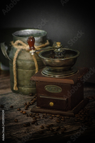 Antiquitäten-Fotografie mit einer alten Kaffeebohnenschleifmühle und einem rustikalen Biedon. Die Details und Patina dieser historischen Objekte spiegeln den Charme vergangener Zeiten wider und vermit