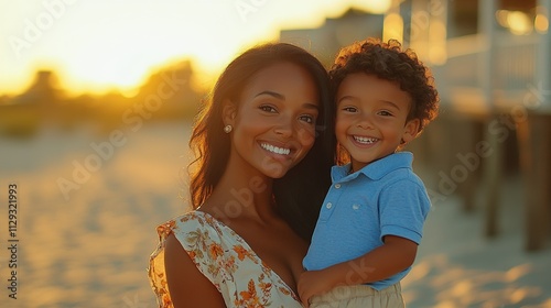 Joyful mother and child smiling together at sunset beach