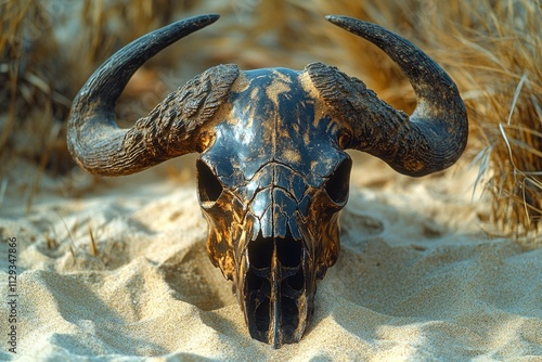 A cow skull sits in the sand on a sunny beach, providing a macabre contrast to the natural beauty of the surroundings