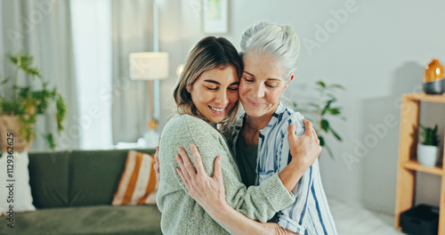 Elderly woman, caregiver and hug with empathy for healthcare, comfort and treatment in senior care at home. People, therapist and embrace for welcome, conversation and support checkup in retirement