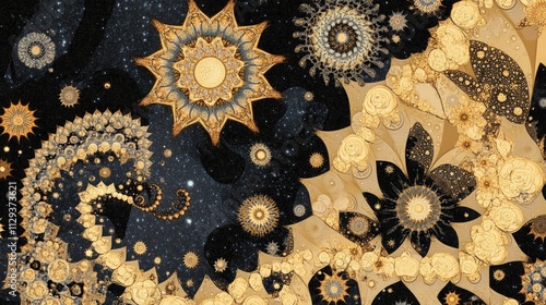 Abstract gold and black fractal art with swirling patterns and star-like shapes.