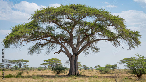 Majestic Tree with Thick Trunk and Expansive Branches in Vast Savannah Landscape, Green Leaves, Sparse Vegetation in Background, Clear Blue Sky, Serene Beauty of Nature as Focal Point