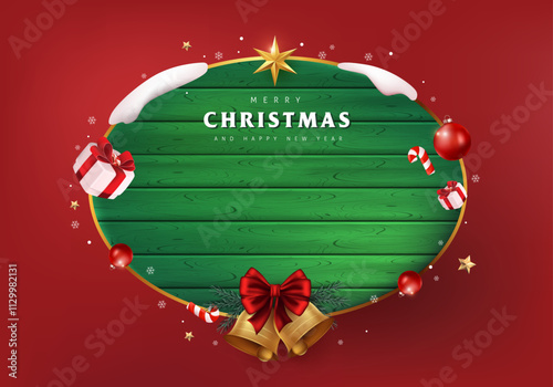 Merry Christmas sign banner green wood frame with empty space and festive decoration