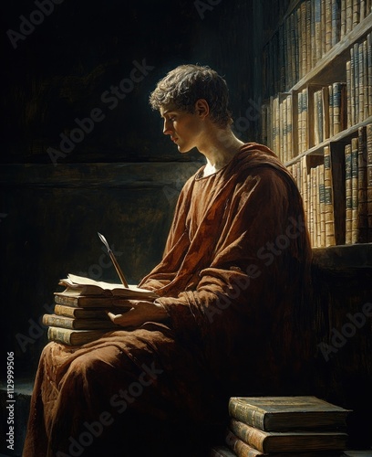 Seated Figure in Red Robe Quill Surrounded by Books Serene Religious Scene Classical Renaissance Art