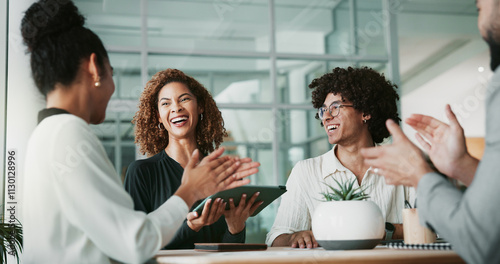 Woman, lawyer and applause at meeting with group, goals and celebration with success for legal case in office. People, attorney and tablet with team, achievement and happy for agreement at law firm