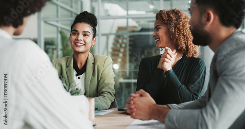 Meeting, planning and review with business people in boardroom of office together for collaboration. Feedback, project management and smile with employee team in workplace for development or strategy