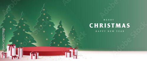 Merry Christmas banner with product display cylindrical shape and christmas tree paper cut style