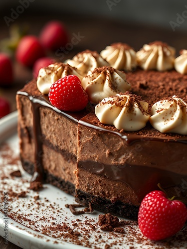 there is a chocolate cake with whipped cream and strawberries on a plate.