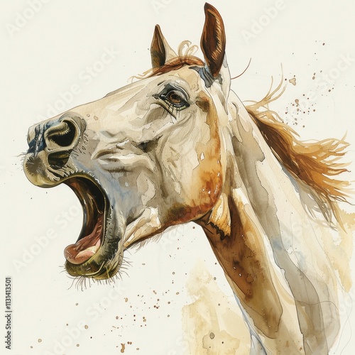 Neighing Palomino Horse Watercolor Portrait