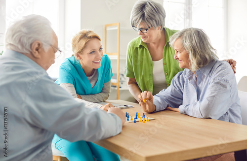 Retirement home activity with skilled nurse, nursing care and service for seniors, happy old people enjoy good time, elder patients under supervising and gerontological guiding, playing game fun