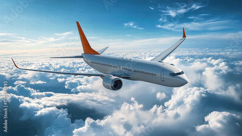 A commercial airplane flying above the clouds, with a blue sky in the background