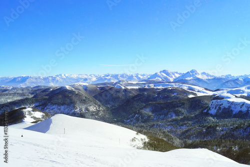 The beauty of winter nature in Montenegro: view from the top of Troglav in the Biogradska Gora National Park to the snow-covered scenic mountains. Visit to the ski resort Kolasin 1600.