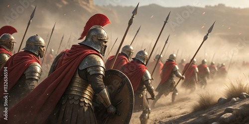 Ancient roman legionnaires marching to war in dusty landscape.