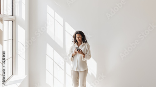 a 40 something year old woman of mixed race candidly on her phone in a bright minimal office