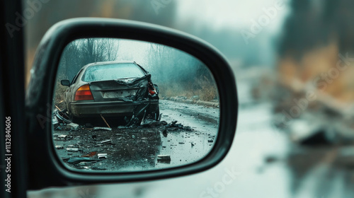 Wing mirror reflecting a crashed car after a road accident, debris scattered on the wet asphalt