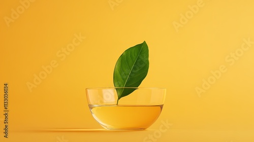 vibrant green leaf floating on still water in minimalistic glass bowl golden light enhances its details clean neutral