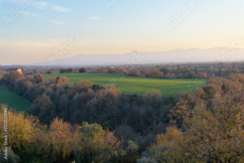 Rome, Italy - January 18th 2024: View of The Aniene valley from Hadrian's Villa (Villa Adriana; Villa Hadriana) villa of emperor Hadrian near Tivoli outside