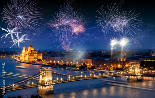 fireworks over Budapest Parliament New Year in the city Hungary