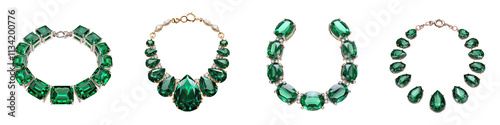 Breathtaking display of an exquisite collection of emerald jewelry including necklaces bracelets and other accessories that exemplify luxury elegance and opulence The gems glisten and sparkle