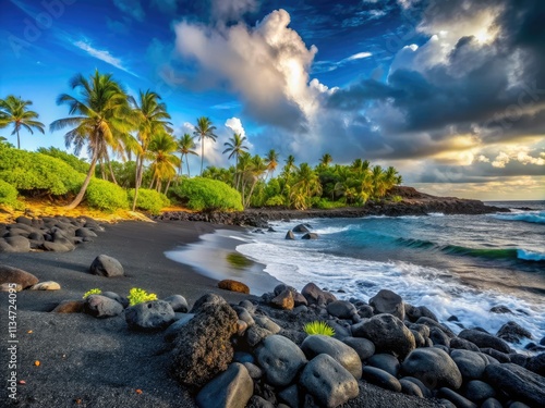 Punalu'u's black sand: ancient basalt, volcanic rock formations sculpted by Mauna Loa's eruptions.