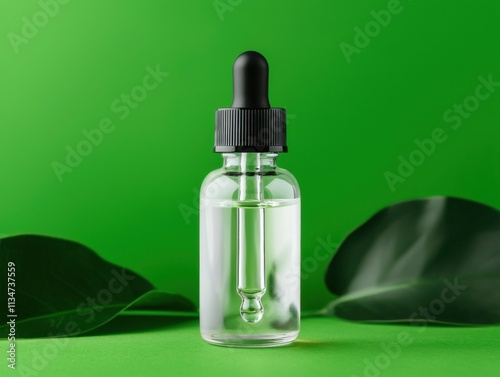 Clear dropper bottle against vibrant green background