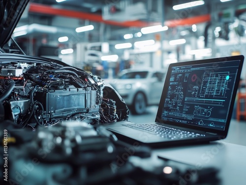 Mechanic using laptop to analyze v8 engine performance in a professional garage setting