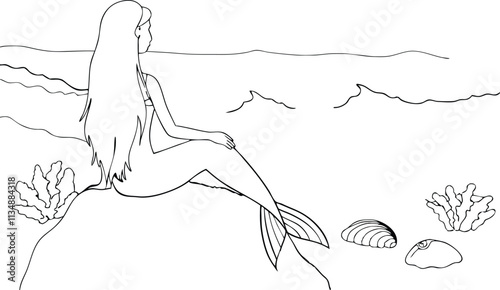 Mermaid Sitting On Rock Nearby The Sea Continuous One Line Art Drawing Illustration Editable Stroke