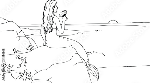 Mermaid Sitting On Rock Nearby The Sea Continuous One Line Art Drawing Illustration Editable Stroke