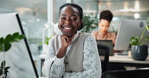 Business woman, portrait and computer with pride, smile and confidence for internship as accountant. Female person, night and office in finance agency, banking and investment opportunity for payroll