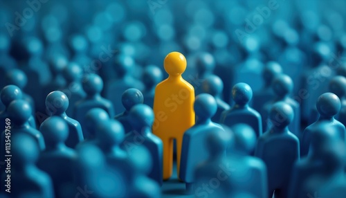 Yellow figure stands out in crowd of blue figures. Finding unique talent in big team. Concept of exceptional person. Focus on stand-out individual in HR context. Suitable for recruitment, hiring.