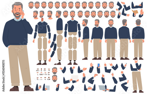 Mature man character constructor. Set of different positions of arms legs head and body for creating animation and your own illustrations. DIY kit. Vector illustration