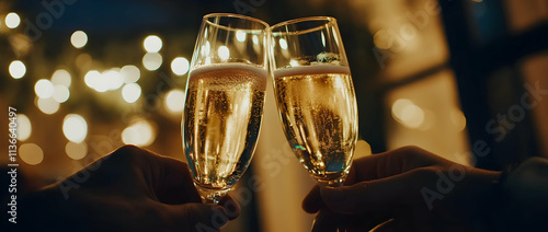 Champagne glasses sparkling in the golden glow of Bengal lights during a celebratory toast