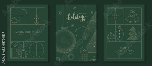 Merry Christmas and Happy New Year greeting card vector set. Luxury invitation with Christmas tree, gift, snowflake, dot and line on green background. Design illustration for season's card, ads.